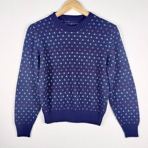 Vintage Navy Blue Sweater Knit Crewneck Tulips Womens S/M Cottagecore Grandma